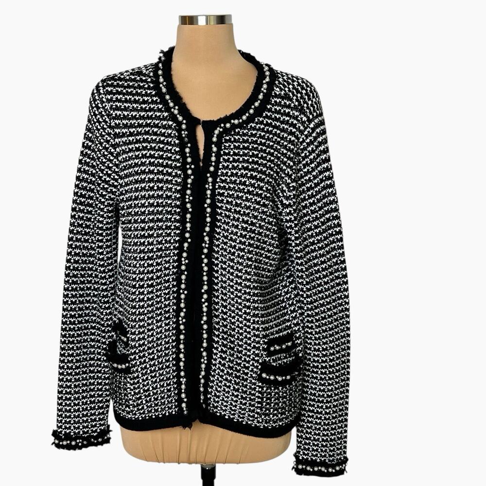 Alex Marie Cardigan Sweater Womans L Black White Faux Pearls Hook Front Elegant